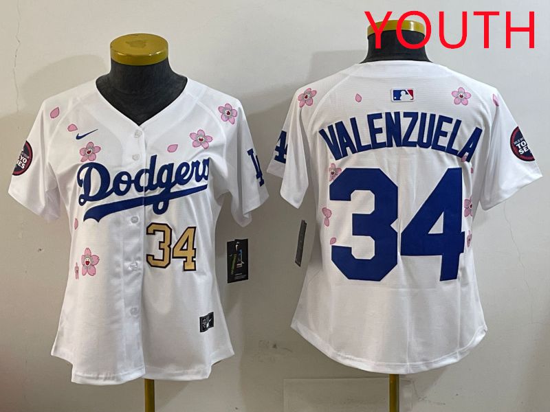 Youth Los Angeles Dodgers #34 Valenzuela White Sakura Edition 2025 Nike MLB Jersey style 6->youth mlb jersey->Youth Jersey
